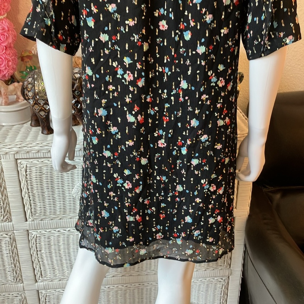 Sezane Josephine Mini Dress Silk Low Cut Ruffles Black w/ Pink Size FR 36 = US 4 - Picture 9 of 13